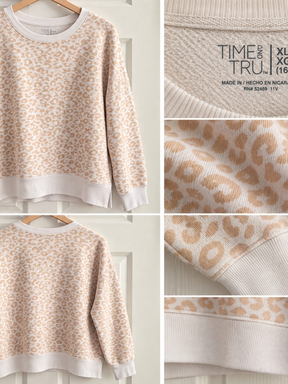 Time and Tru Cream and Beige Leopard Print Crewneck Sweatshirt XL